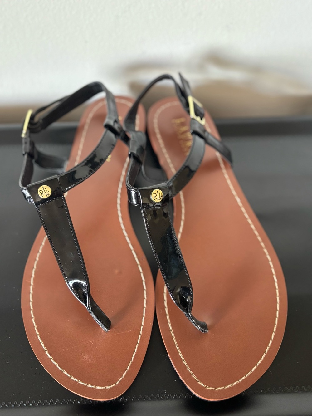 Ralph Lauren Black Patent Leather T-Strap Sandals with Brown Footbed